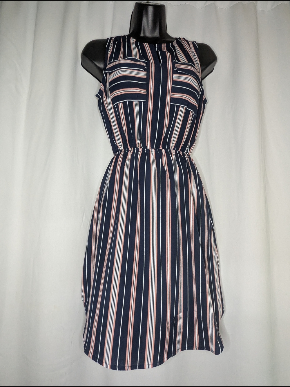 Monteau Navy Striped Sleeveless Midi Dress with Blush & White Accents